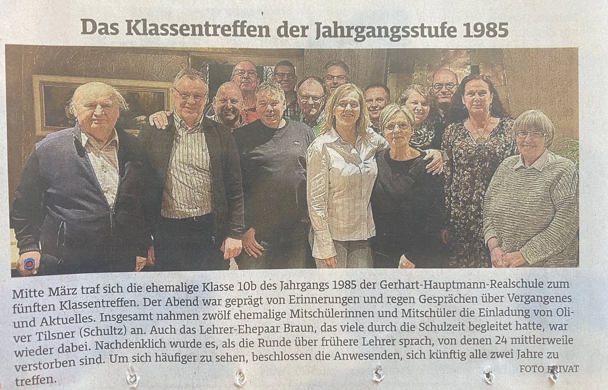 Zeitungsartikel: Klassentreffen der Klasse 10b Jahrgang 1985